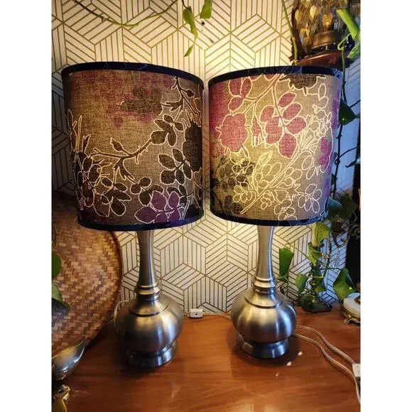 Vintage Early 2000s Brushed Chrome Lamps With Black And Purple Floral Shades - Picture 4 of 11